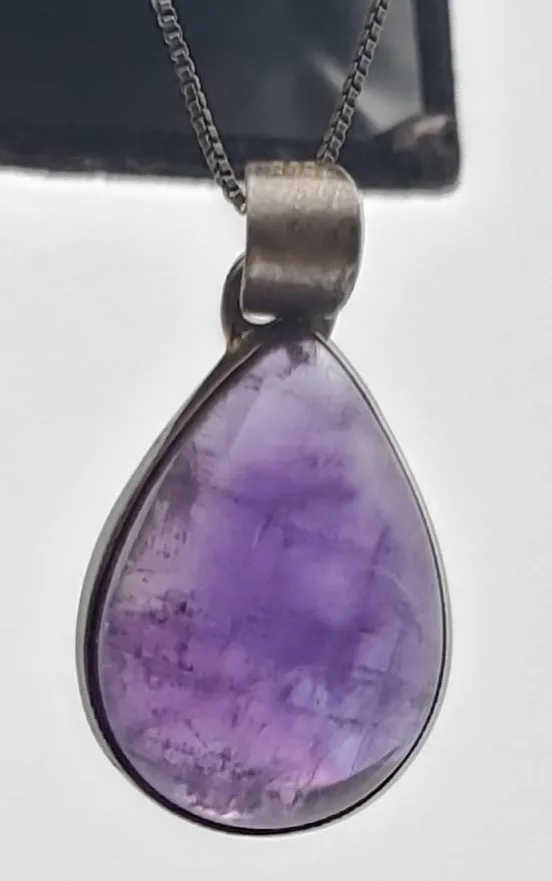 Amethyst Pear Cabochon Sterling Silver Pendant on Sterling Silver Chain Necklace - 18.5"