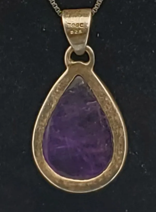 Amethyst Pear Cabochon Sterling Silver Pendant on Sterling Silver Chain Necklace - 18.5"