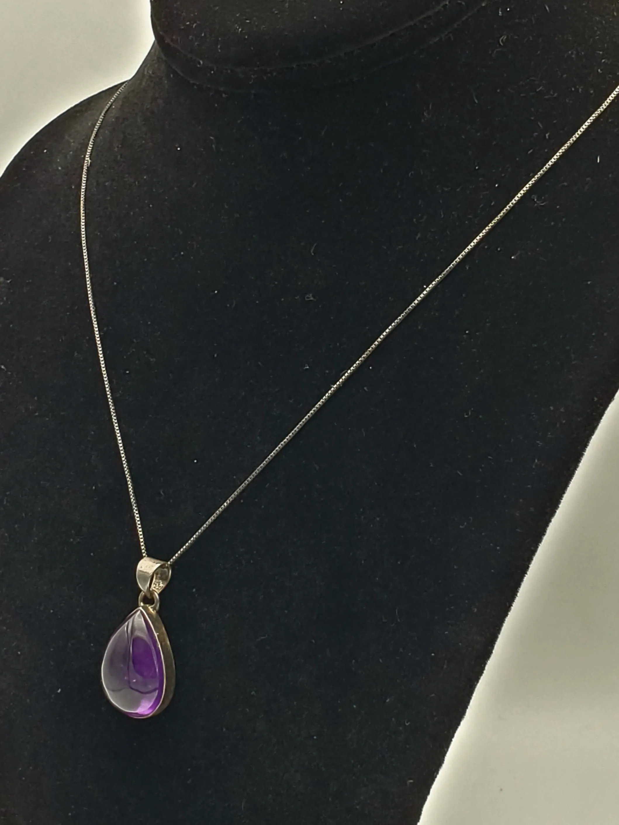 Amethyst Pear Cabochon Sterling Silver Pendant on Sterling Silver Chain Necklace - 18.5"