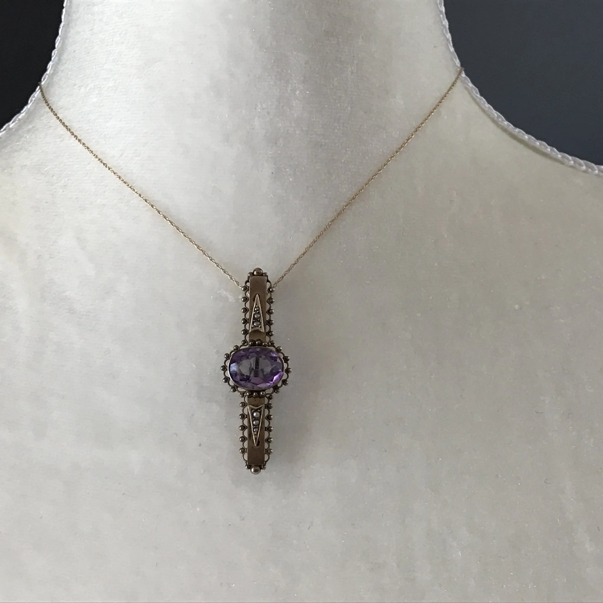 Antique Amethyst Brooch or Pendant in 9K Yellow Gold. February Birthstone. 6th Anniversary.