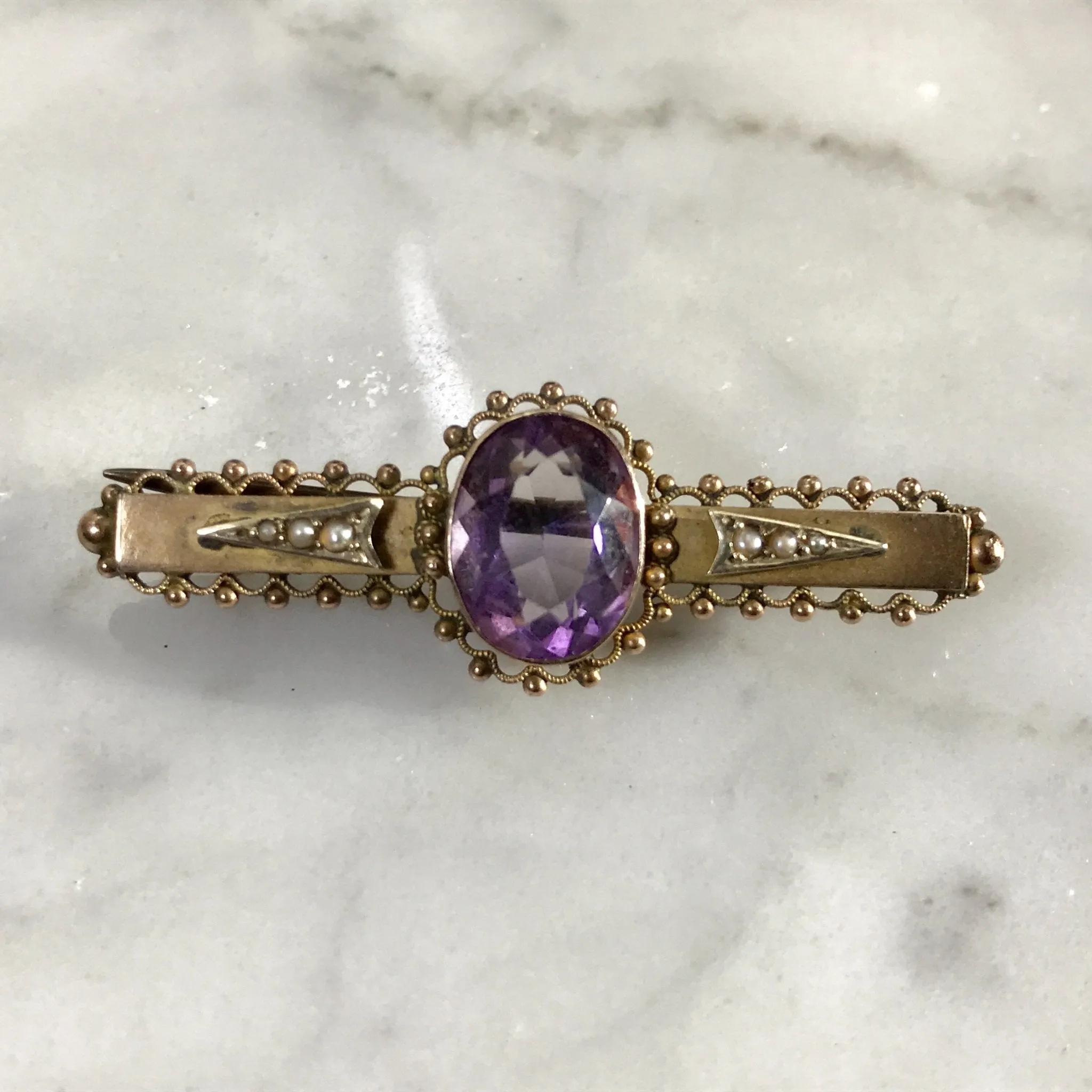 Antique Amethyst Brooch or Pendant in 9K Yellow Gold. February Birthstone. 6th Anniversary.