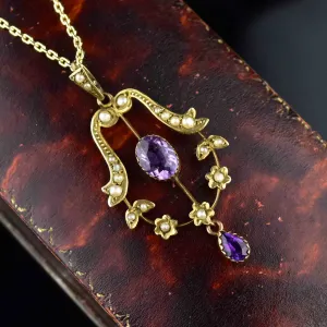 Antique Art Nouveau Gold Amethyst Pearl Lavaliere Necklace