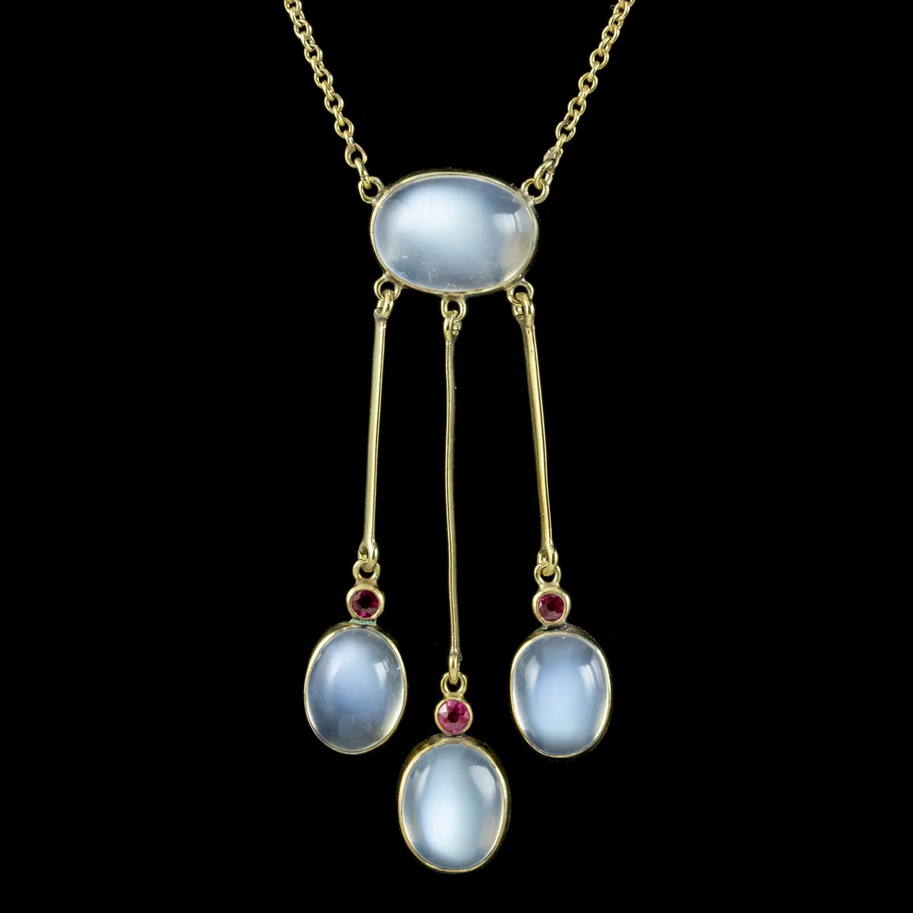 Antique Edwardian Moonstone Ruby Lavaliere Necklace Circa 1910