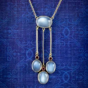 Antique Edwardian Moonstone Ruby Lavaliere Necklace Circa 1910