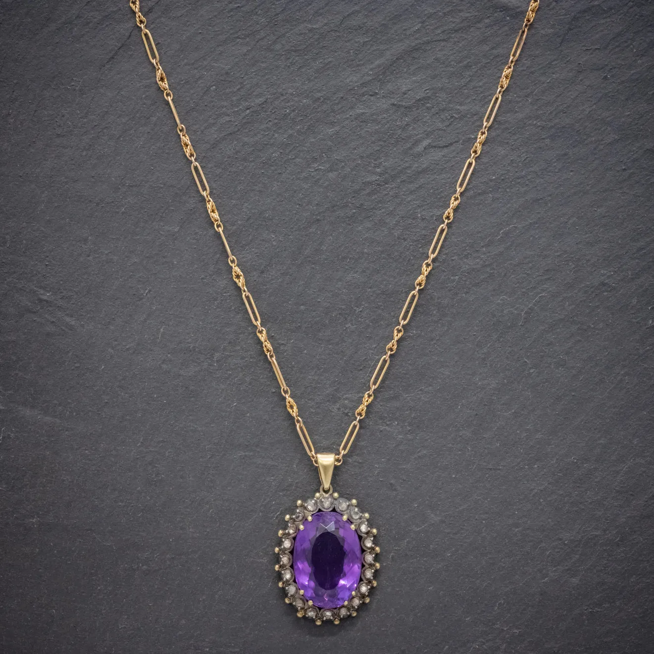 Antique French 20Ct Amethyst Diamond Pendant Necklace 18Ct Gold Silver Circa 1900