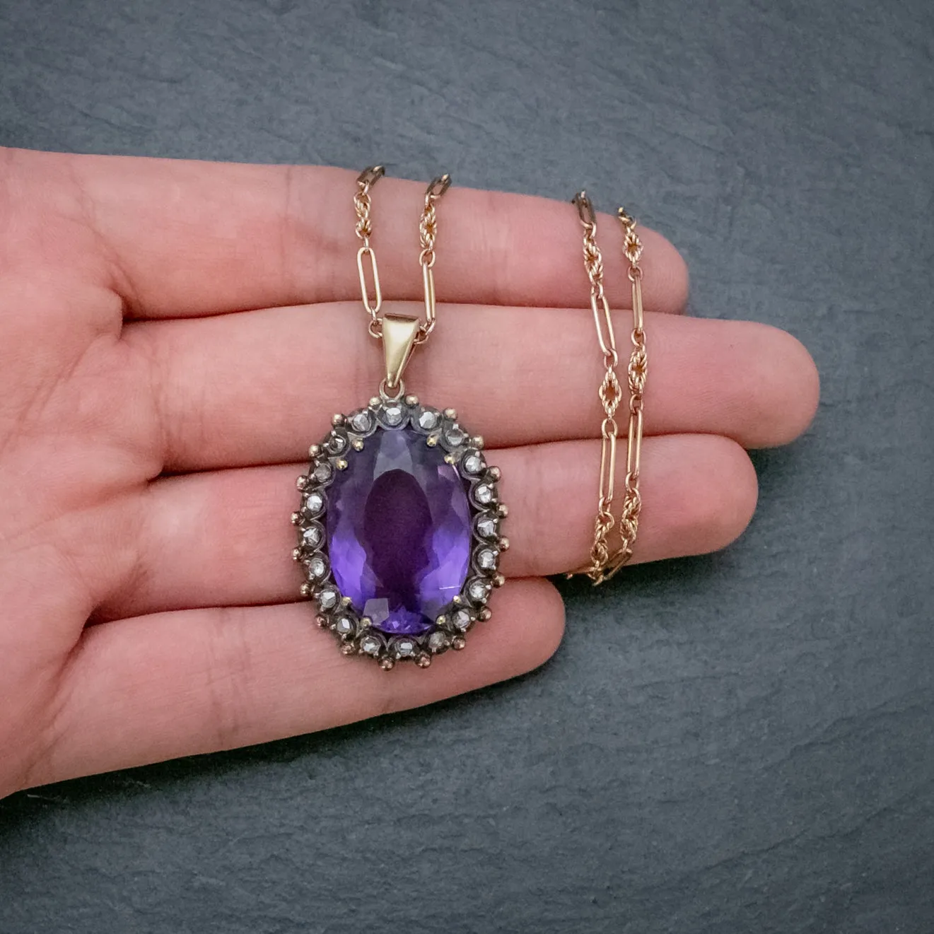 Antique French 20Ct Amethyst Diamond Pendant Necklace 18Ct Gold Silver Circa 1900