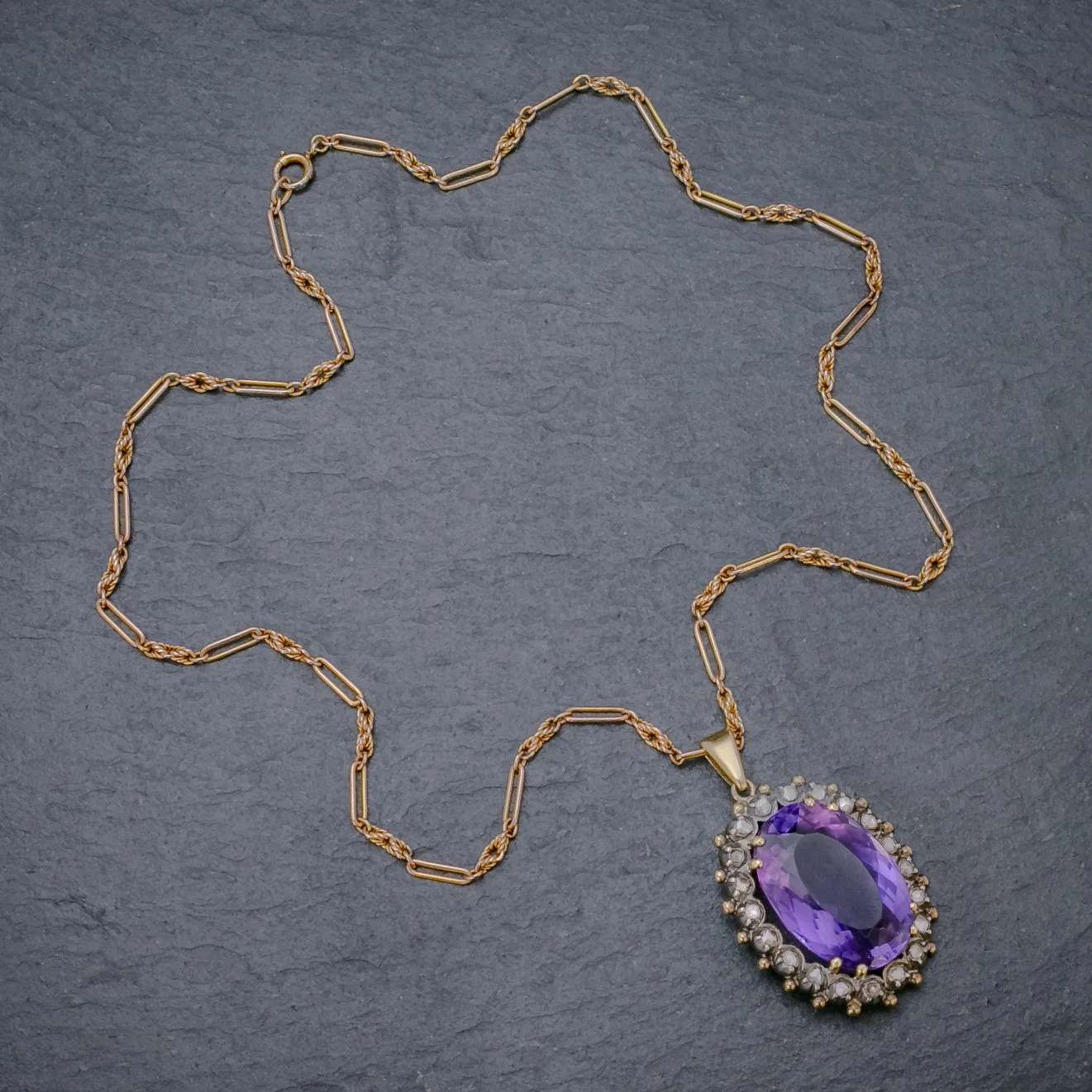 Antique French 20Ct Amethyst Diamond Pendant Necklace 18Ct Gold Silver Circa 1900