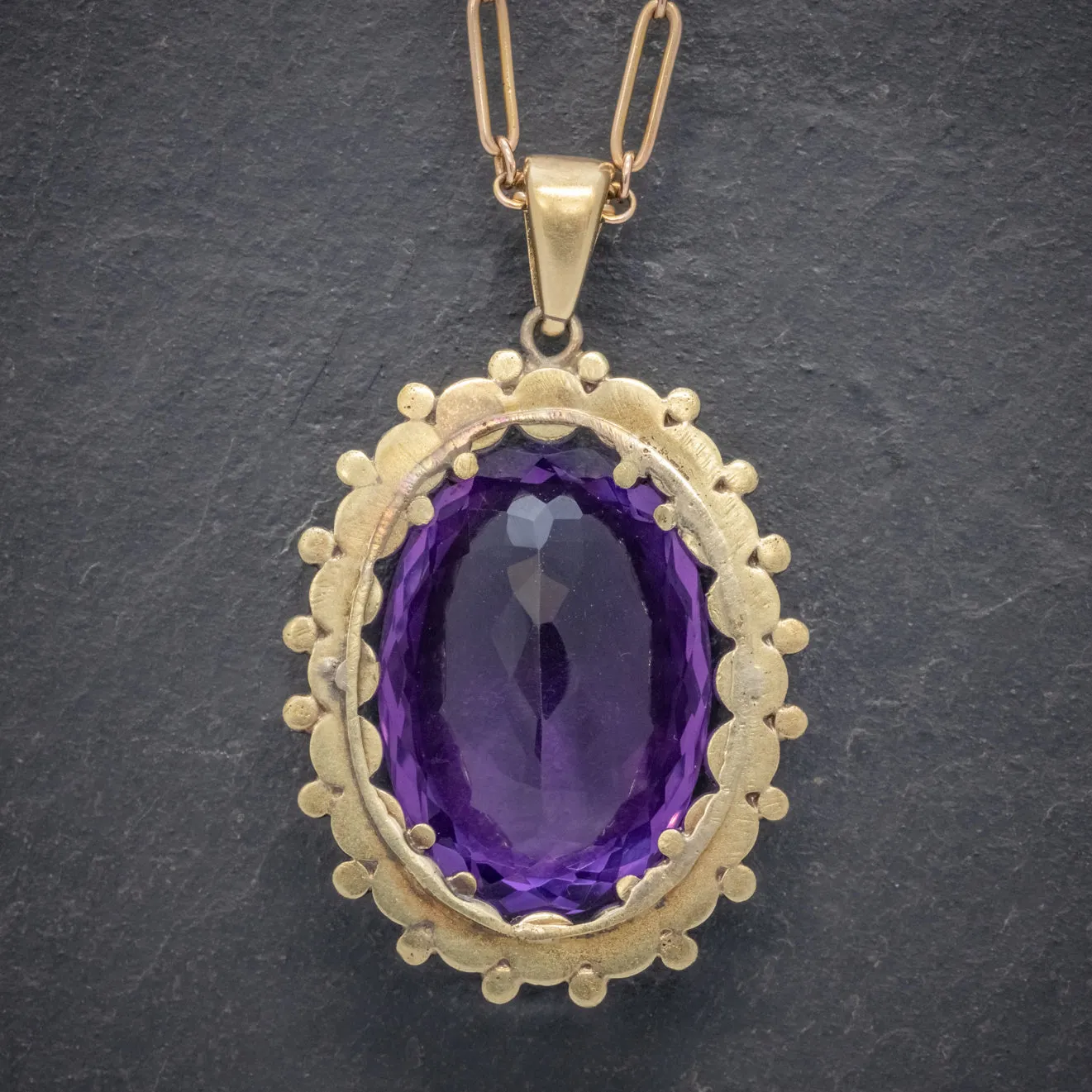 Antique French 20Ct Amethyst Diamond Pendant Necklace 18Ct Gold Silver Circa 1900