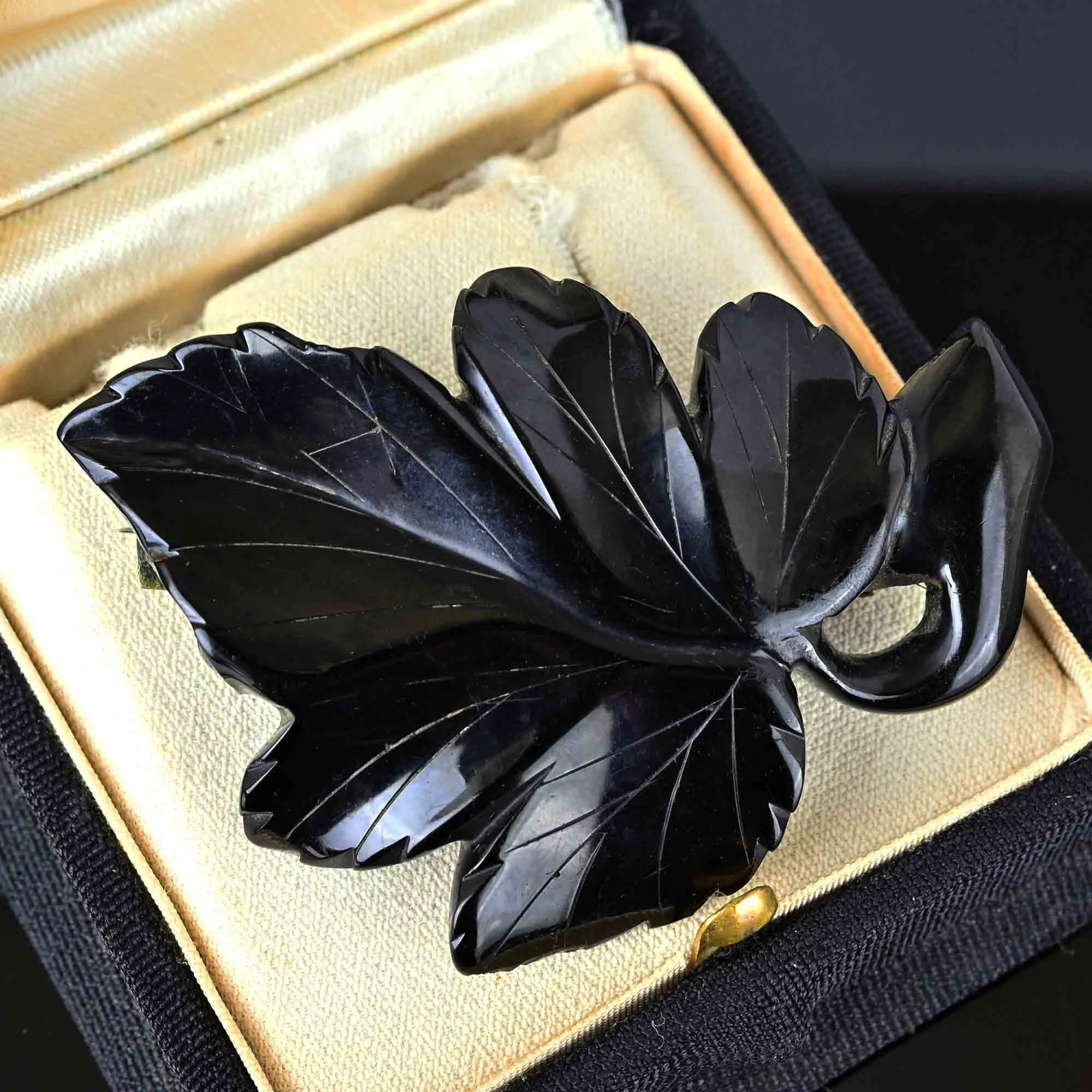 Antique Large Carved Whitby Jet Ivy Leaf Brooch