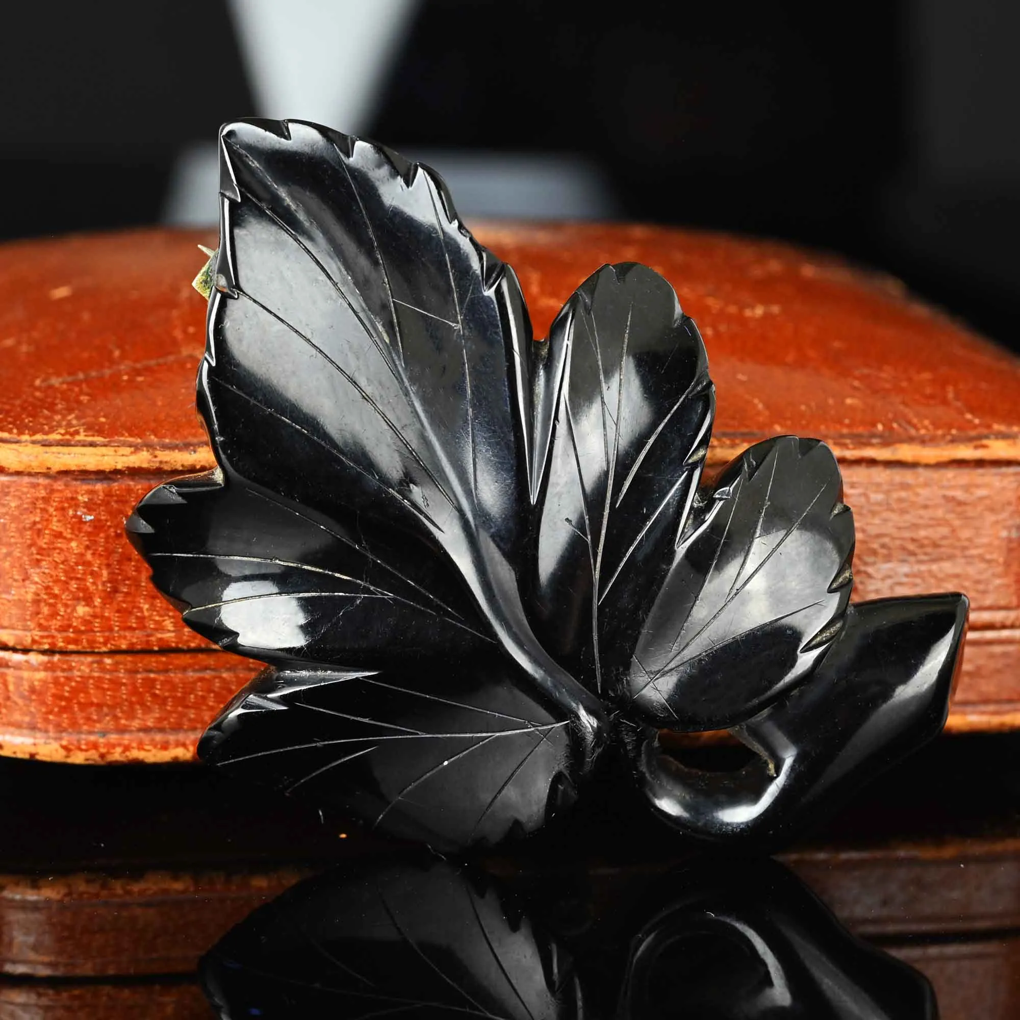 Antique Large Carved Whitby Jet Ivy Leaf Brooch