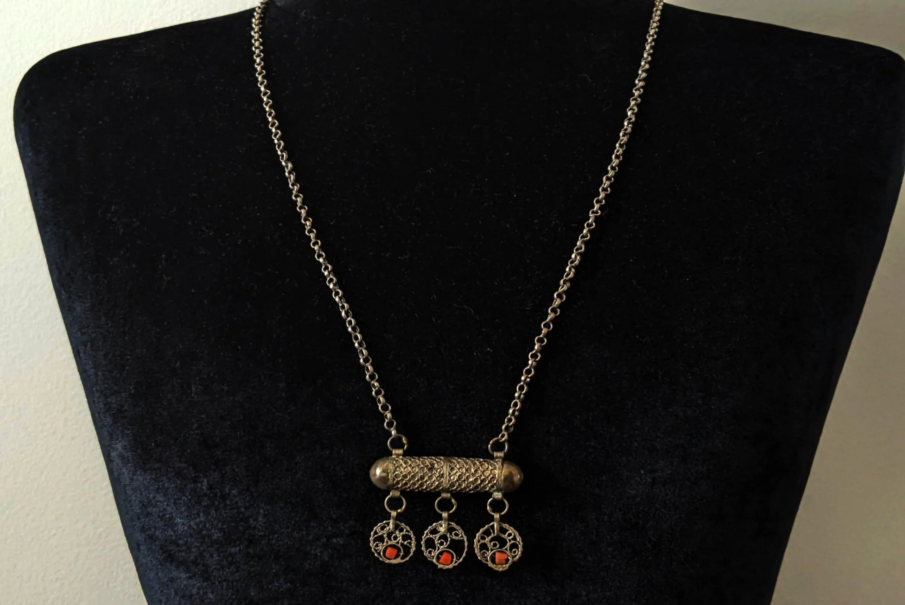 Antique Ottoman Silver and Coral Amulet Necklace