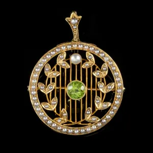 Antique Victorian 0.75Ct Peridot Pendant Brooch 15Ct Gold Circa 1900