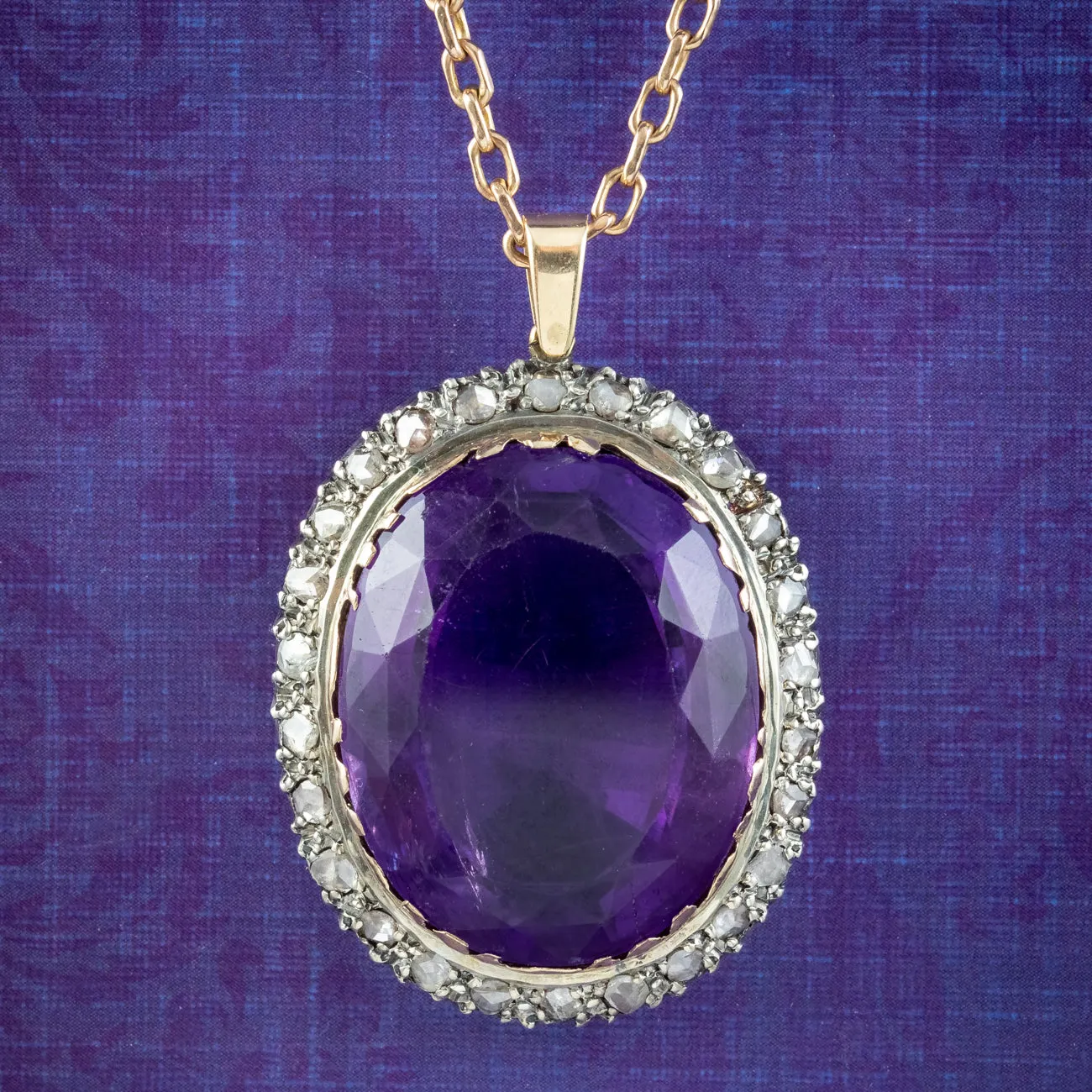 Antique Victorian Amethyst Diamond Pendant Necklace 35ct Amethyst