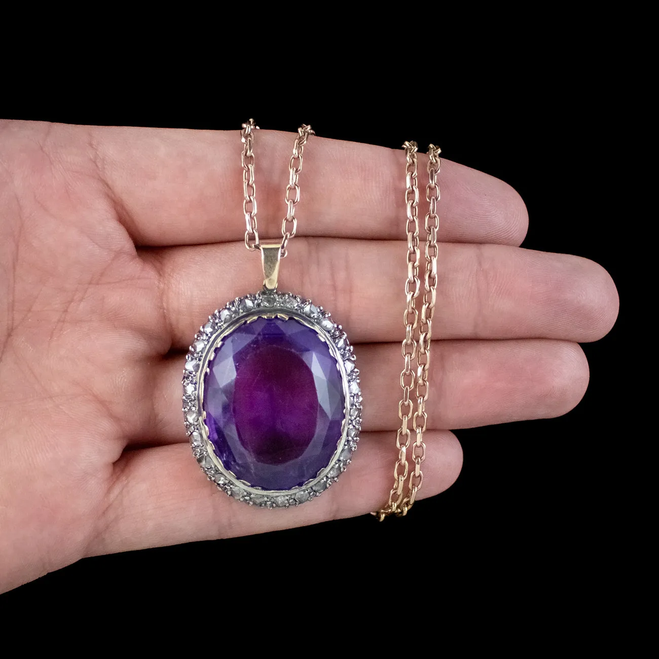 Antique Victorian Amethyst Diamond Pendant Necklace 35ct Amethyst