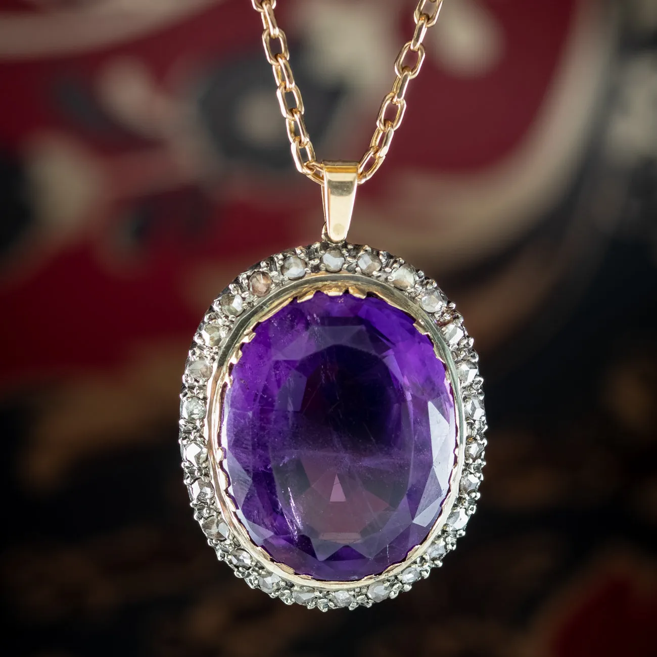 Antique Victorian Amethyst Diamond Pendant Necklace 35ct Amethyst