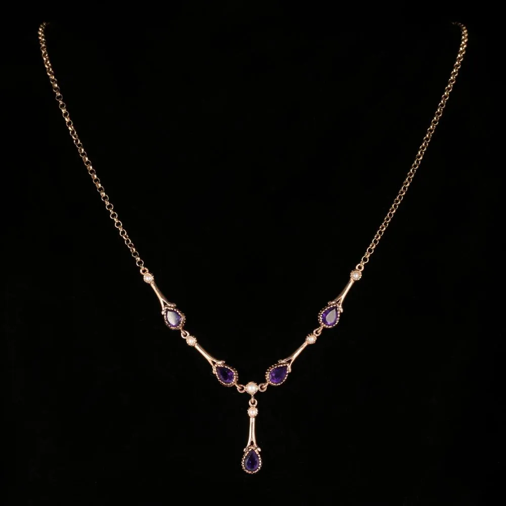 Antique Victorian Amethyst Pearl Necklace 9Ct Rose Gold