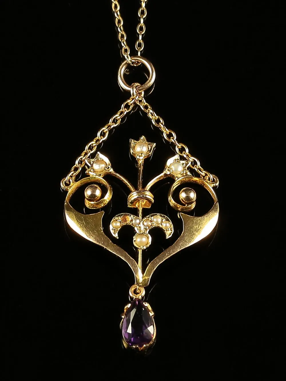 Antique Victorian Amethyst Pearl Pendant Lavaliere Necklace Gold