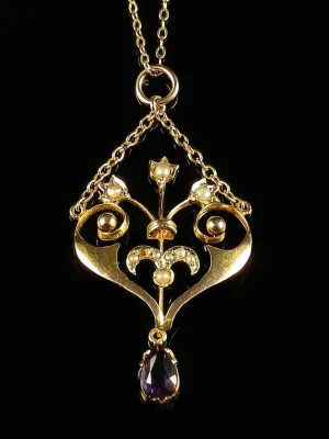 Antique Victorian Amethyst Pearl Pendant Lavaliere Necklace Gold