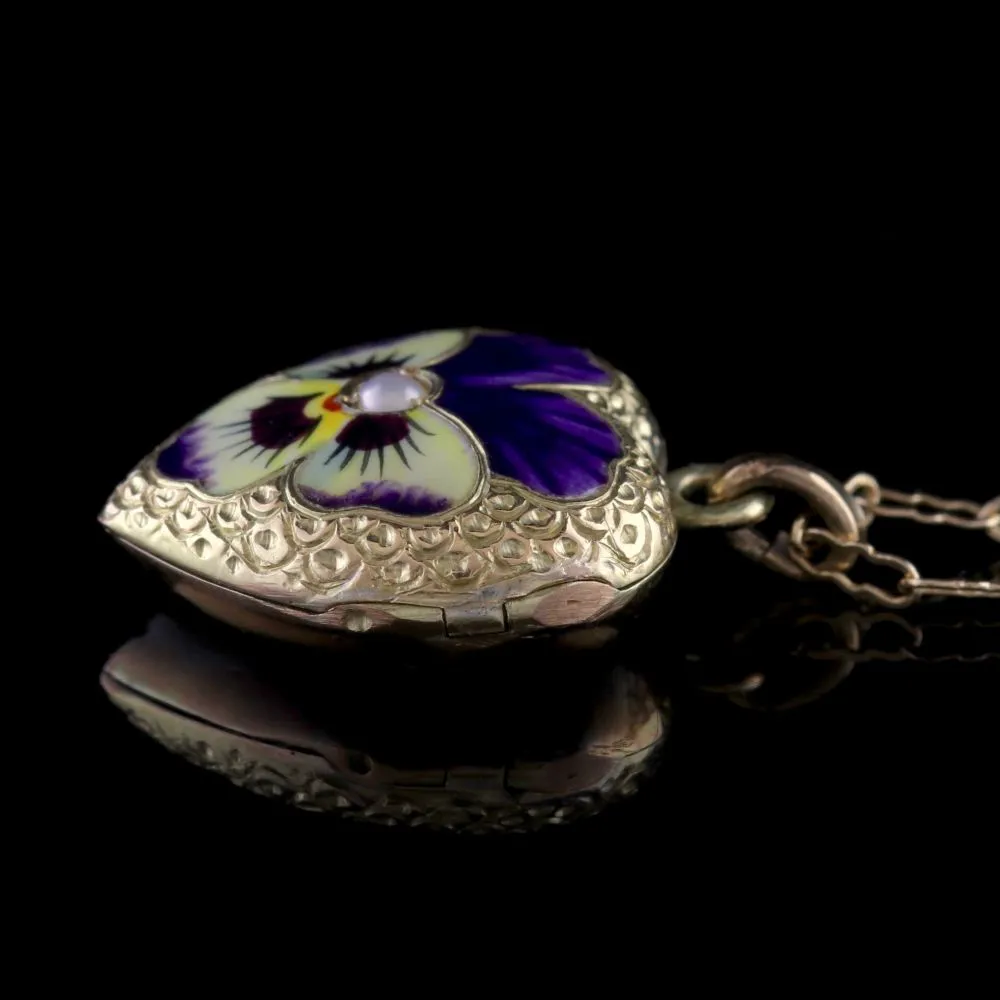 Antique Victorian Locket Necklace Pansy Heart 15Ct Gold Circa 1900