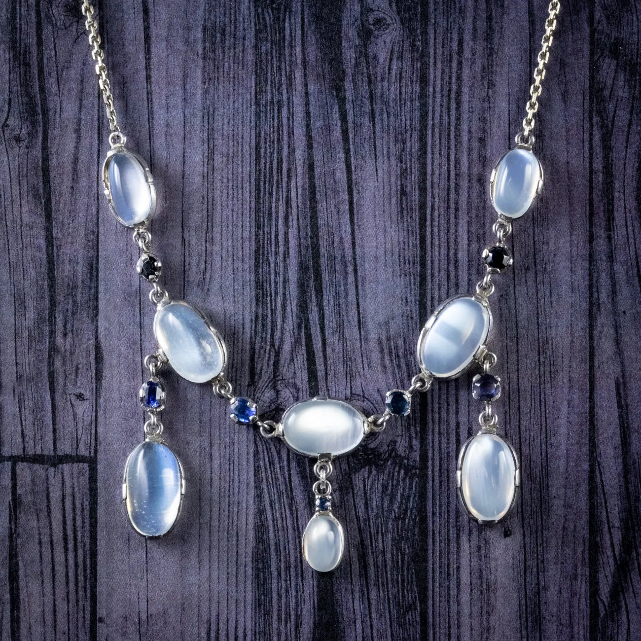 Antique Victorian Moonstone Necklace Sterling Silver Circa 1900