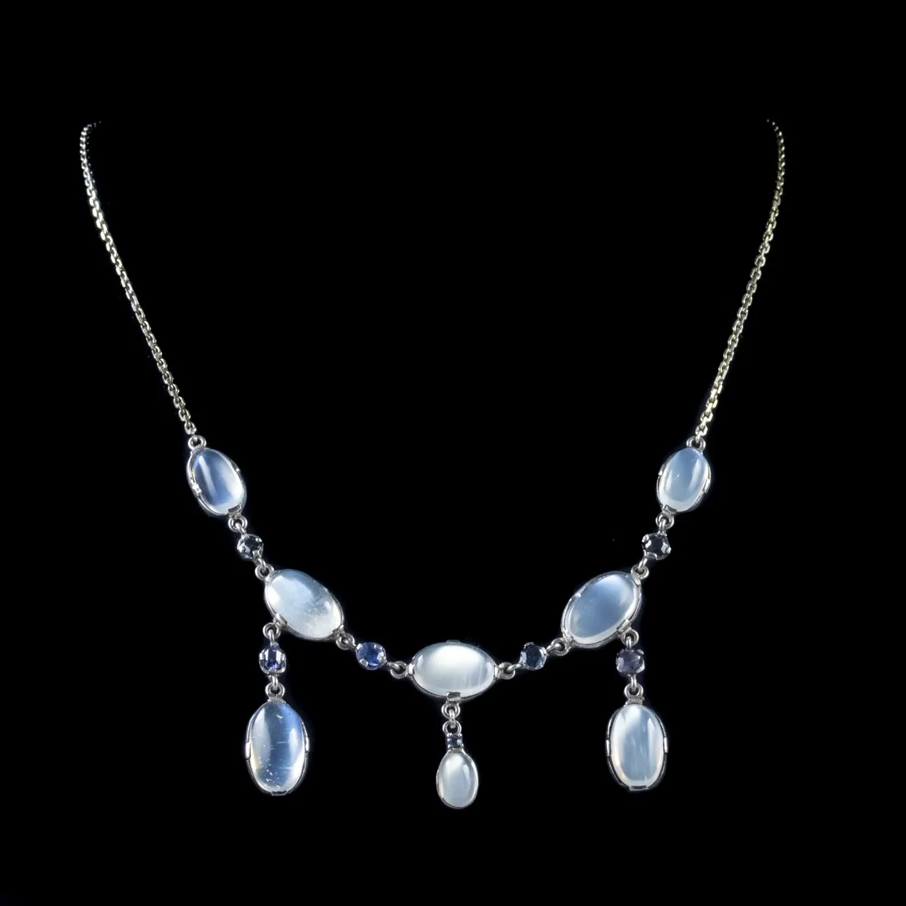 Antique Victorian Moonstone Necklace Sterling Silver Circa 1900