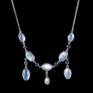 Antique Victorian Moonstone Necklace Sterling Silver Circa 1900