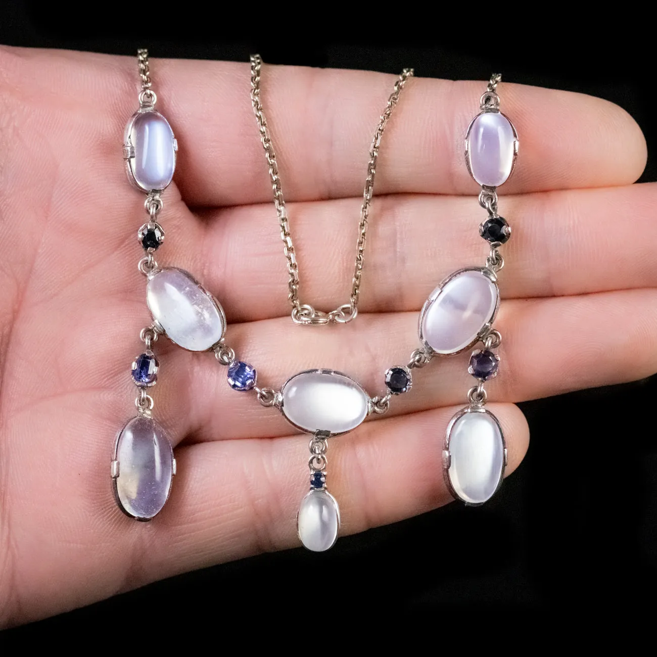 Antique Victorian Moonstone Necklace Sterling Silver Circa 1900