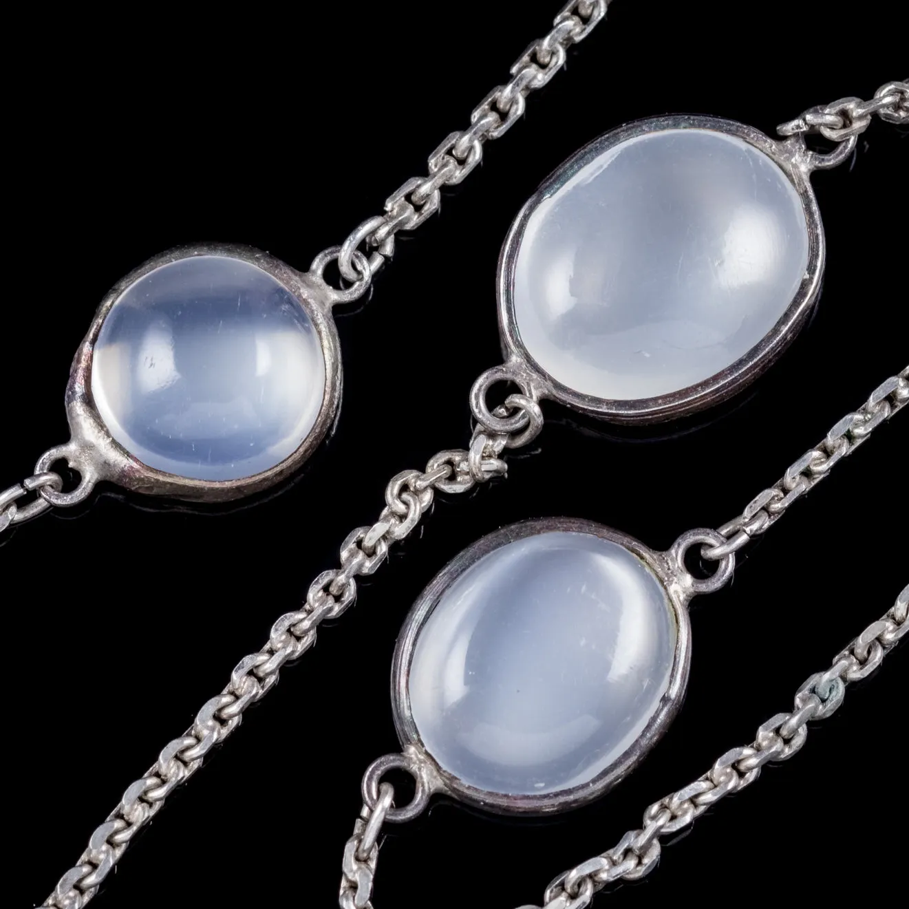 Antique Victorian Moonstone Sautoir Necklace Silver Chain Circa 1900