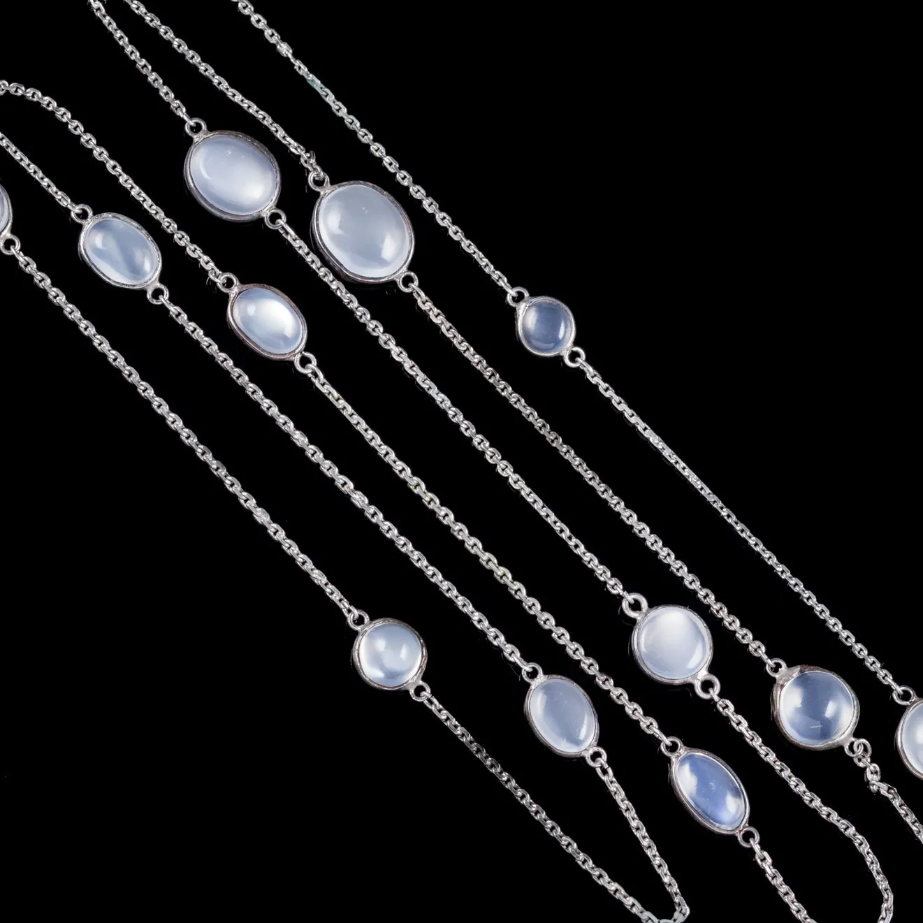 Antique Victorian Moonstone Sautoir Necklace Silver Chain Circa 1900