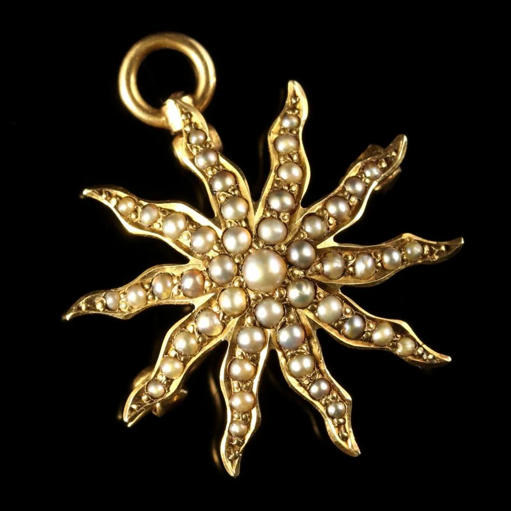 Antique Victorian Pearl Star Brooch Pendant 14Ct Gold Circa 1880