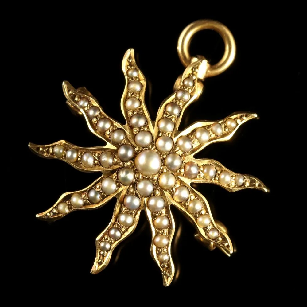 Antique Victorian Pearl Star Brooch Pendant 14Ct Gold Circa 1880