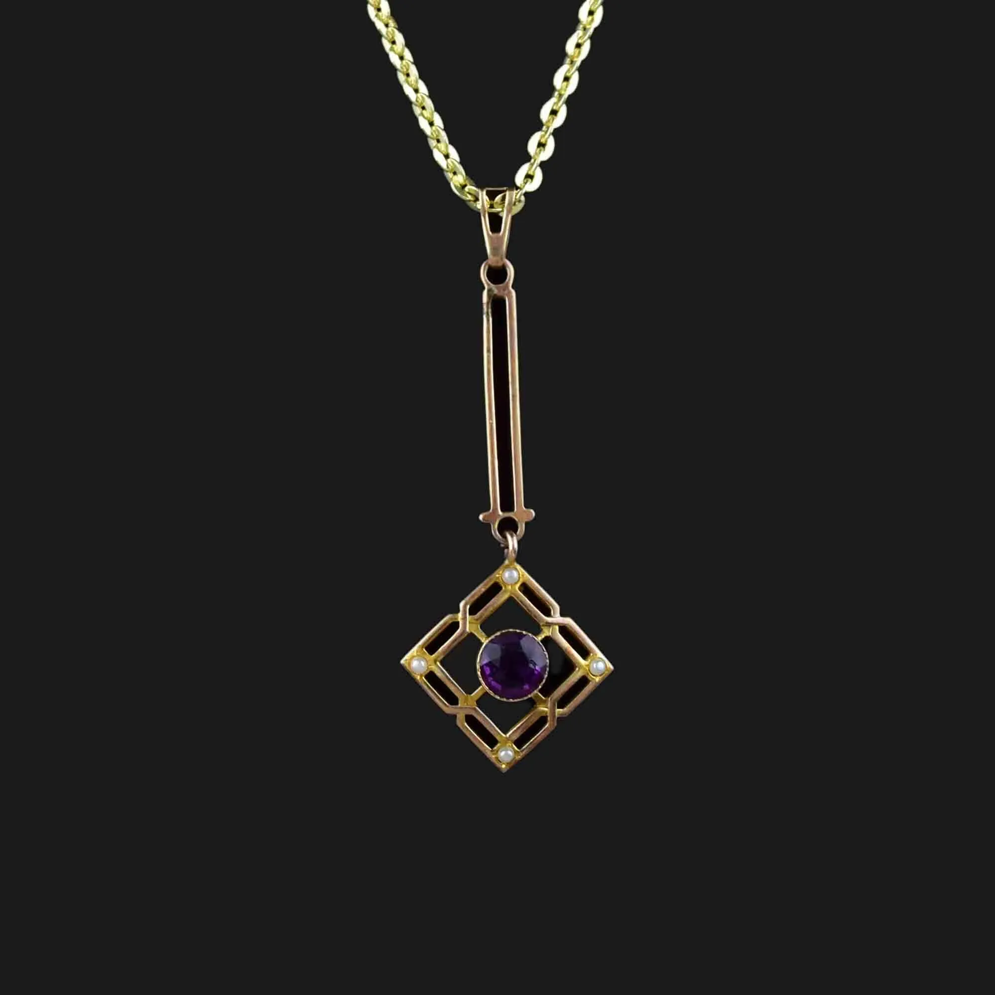 Art Nouveau 10K Gold Pearl Amethyst Lavaliere Pendant Necklace