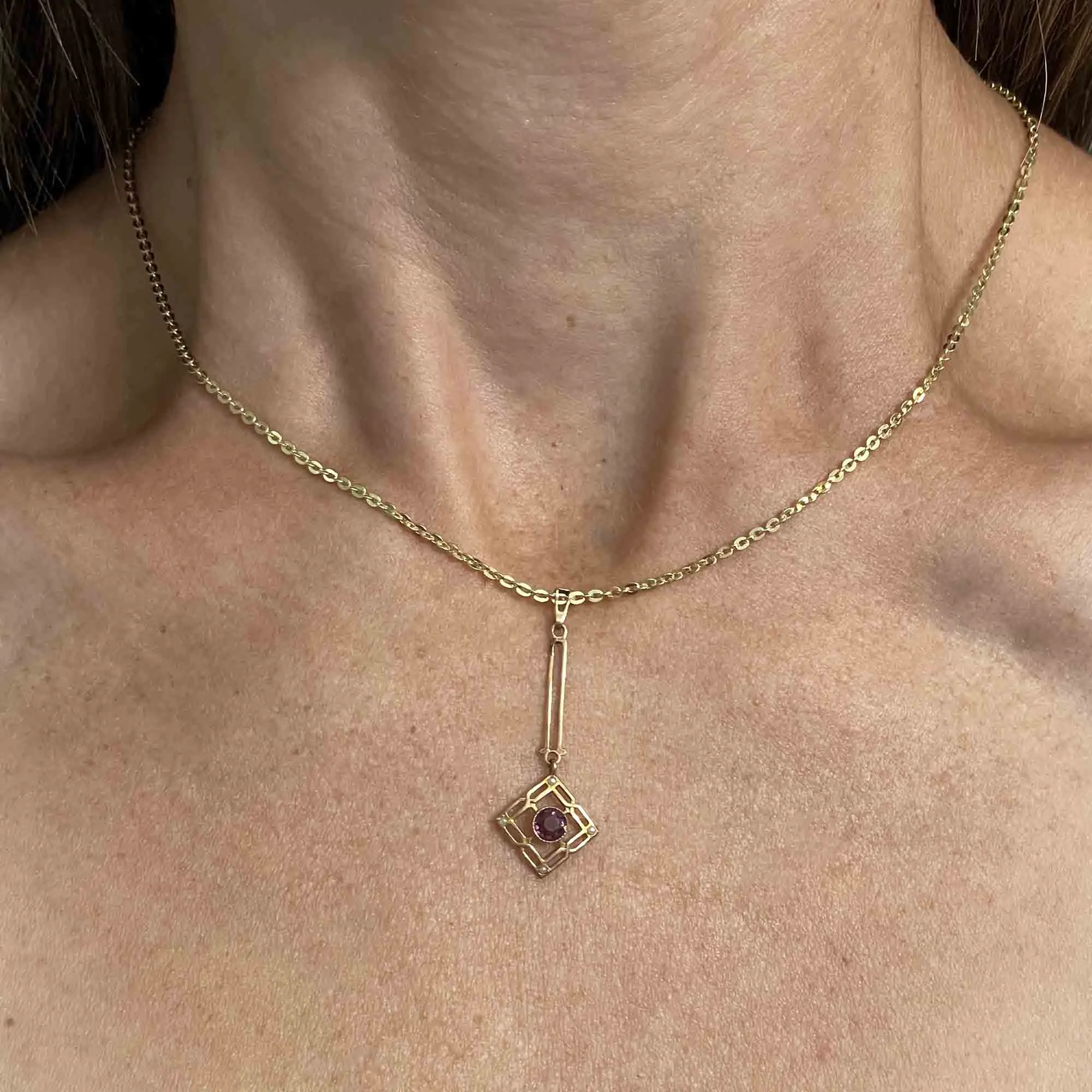 Art Nouveau 10K Gold Pearl Amethyst Lavaliere Pendant Necklace