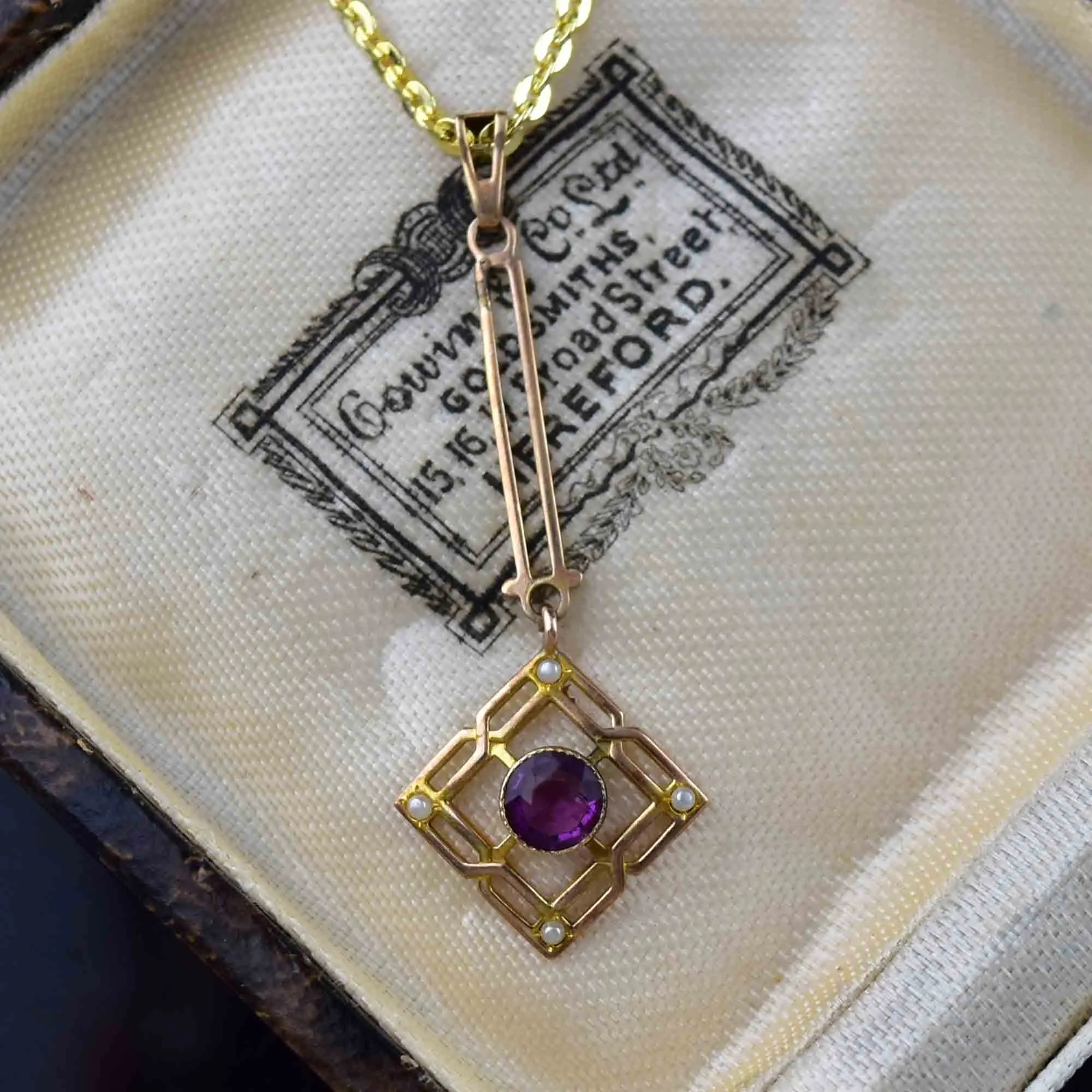 Art Nouveau 10K Gold Pearl Amethyst Lavaliere Pendant Necklace