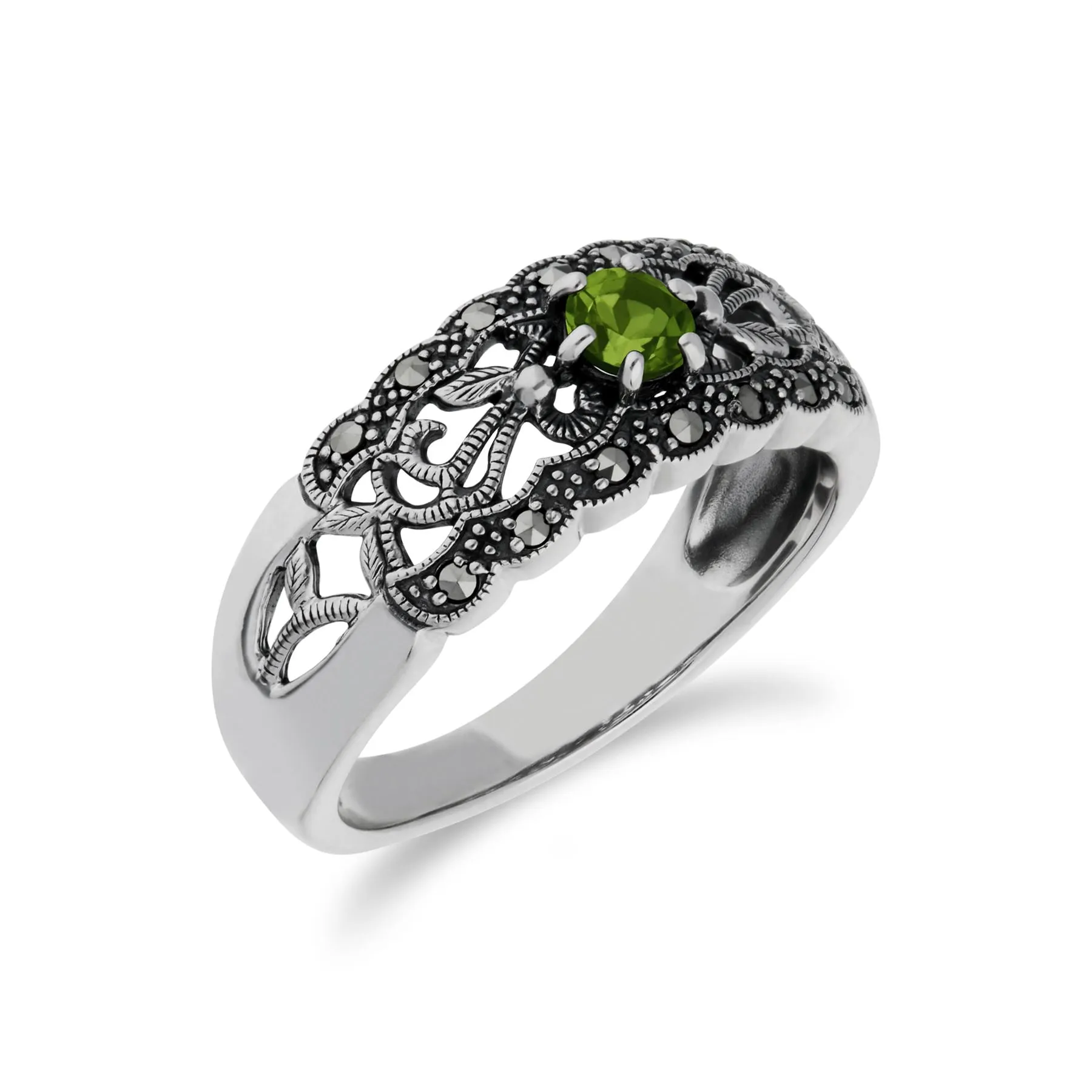 Art Nouveau Stil Peridot & Markasit Ring in Sterling Silber