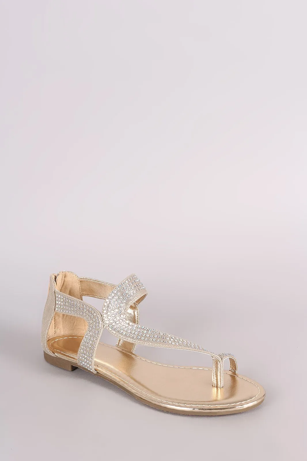 Bamboo Metallic Rhinestone Toe Ring Asymmetrical Flat Sandal