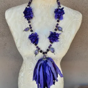 Boho Sari Silk Ribbon Tassel Statement Necklace - Amethyst  Beaded Sautoir - Special Gift for Her