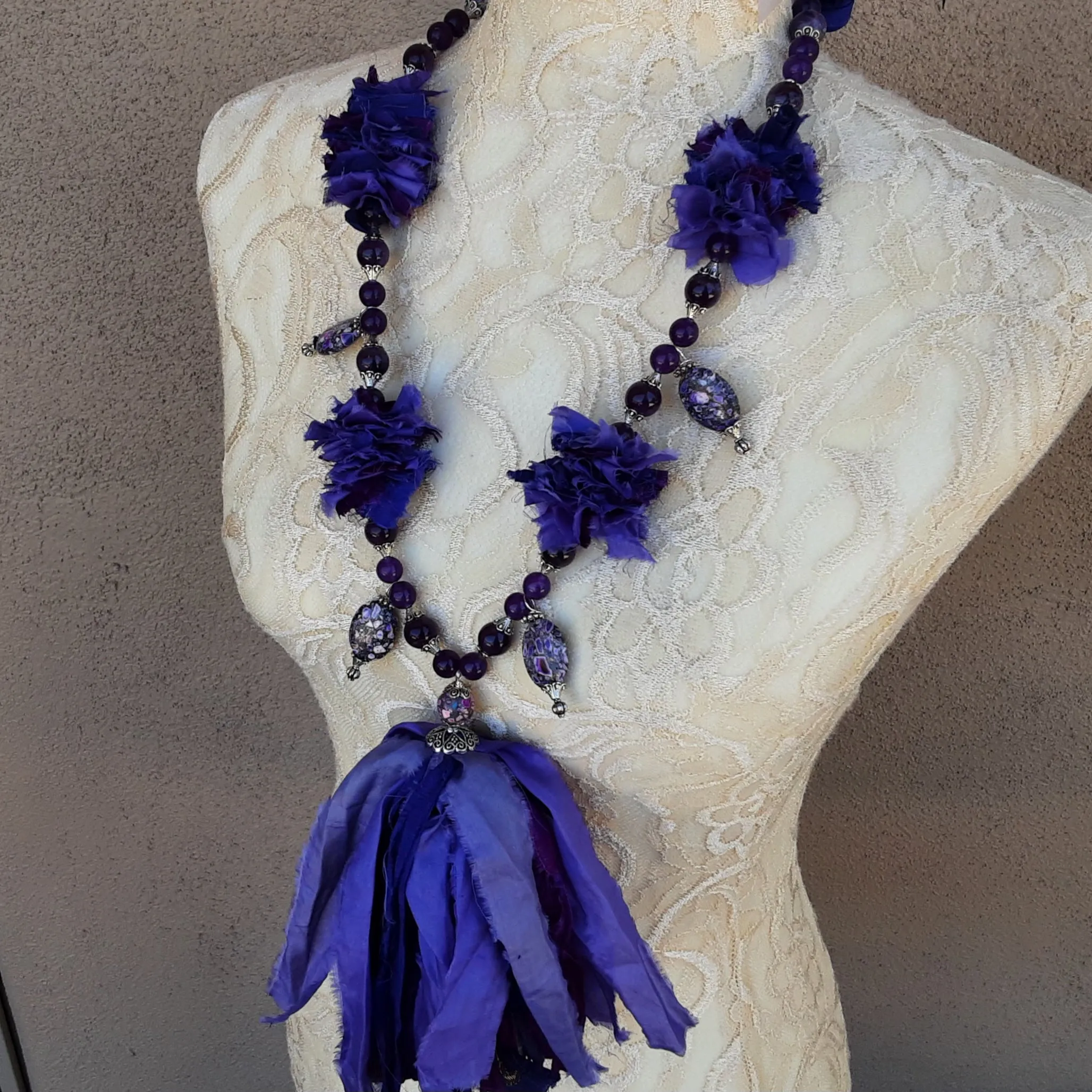 Boho Sari Silk Ribbon Tassel Statement Necklace - Amethyst  Beaded Sautoir - Special Gift for Her