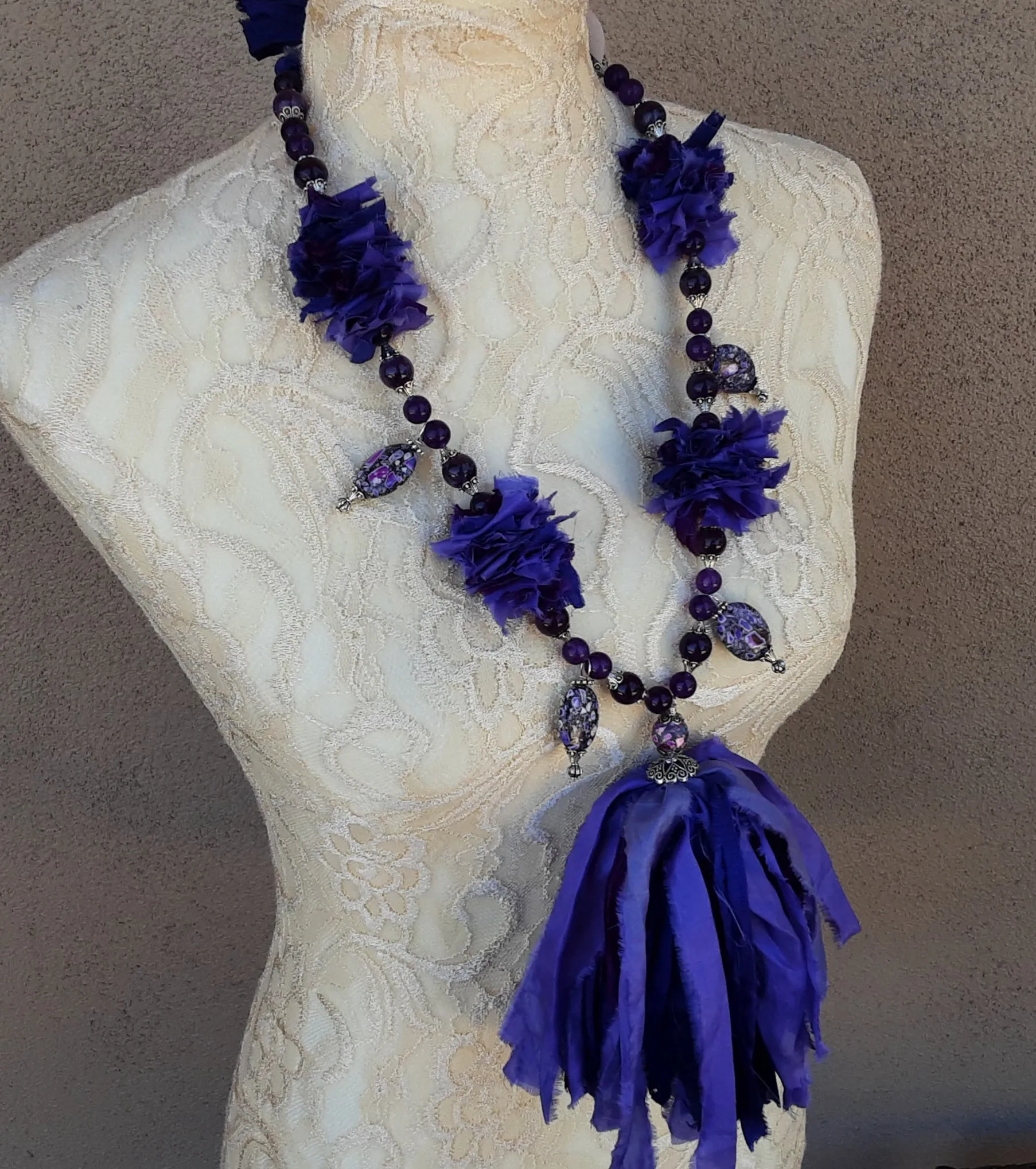 Boho Sari Silk Ribbon Tassel Statement Necklace - Amethyst  Beaded Sautoir - Special Gift for Her