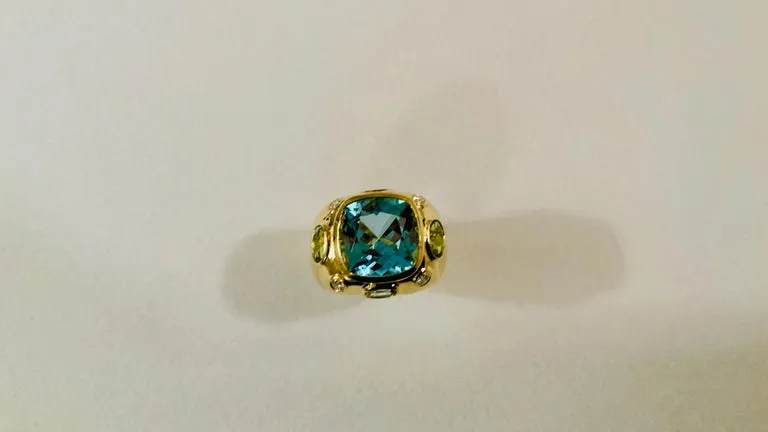 Bonheur Ring, Blue Topaz, Peridot, Blue Topaz and Diamond Domed Ring