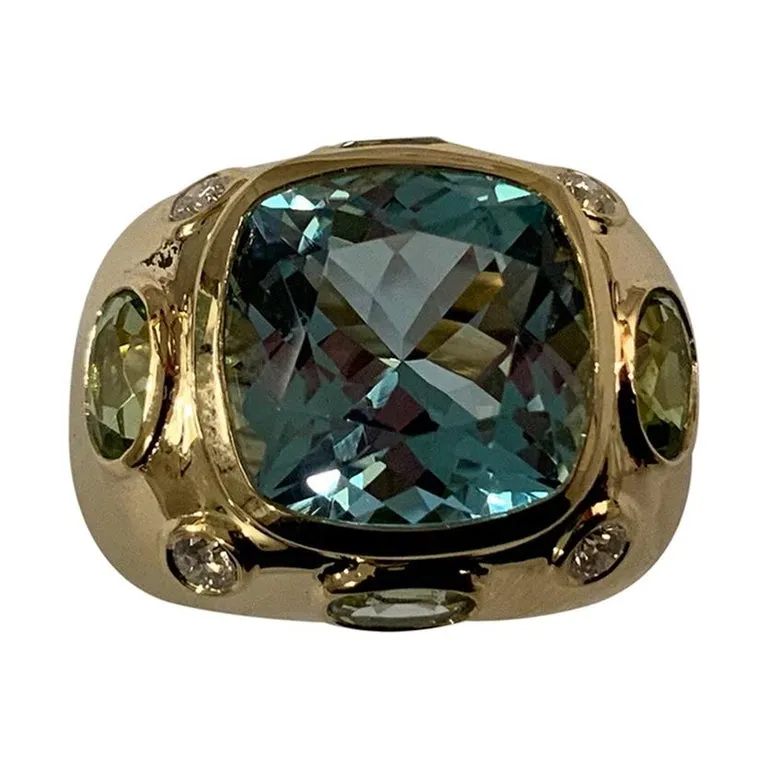 Bonheur Ring, Blue Topaz, Peridot, Blue Topaz and Diamond Domed Ring