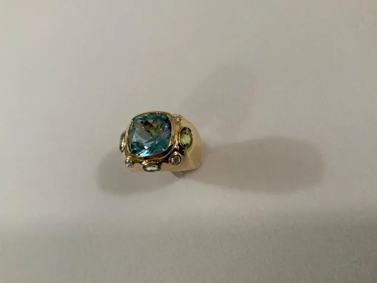 Bonheur Ring, Blue Topaz, Peridot, Blue Topaz and Diamond Domed Ring