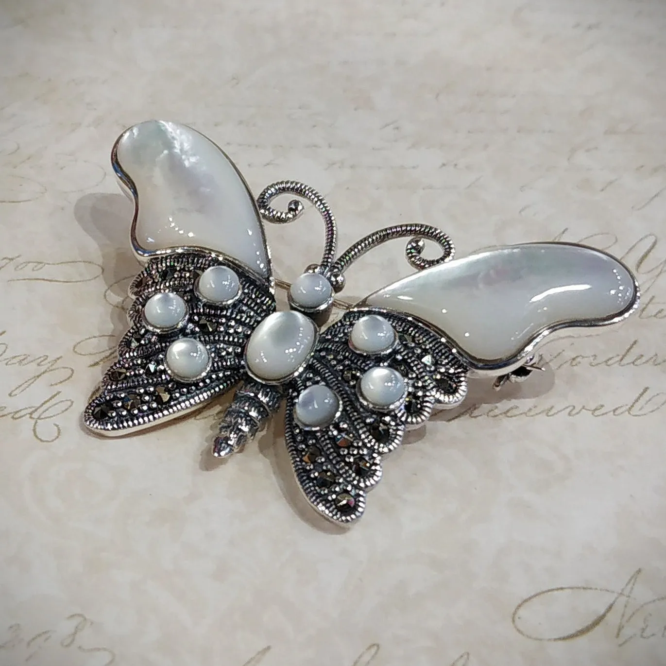 Butterfly Brooch in mother of pearl Silver Marcasite Pendant