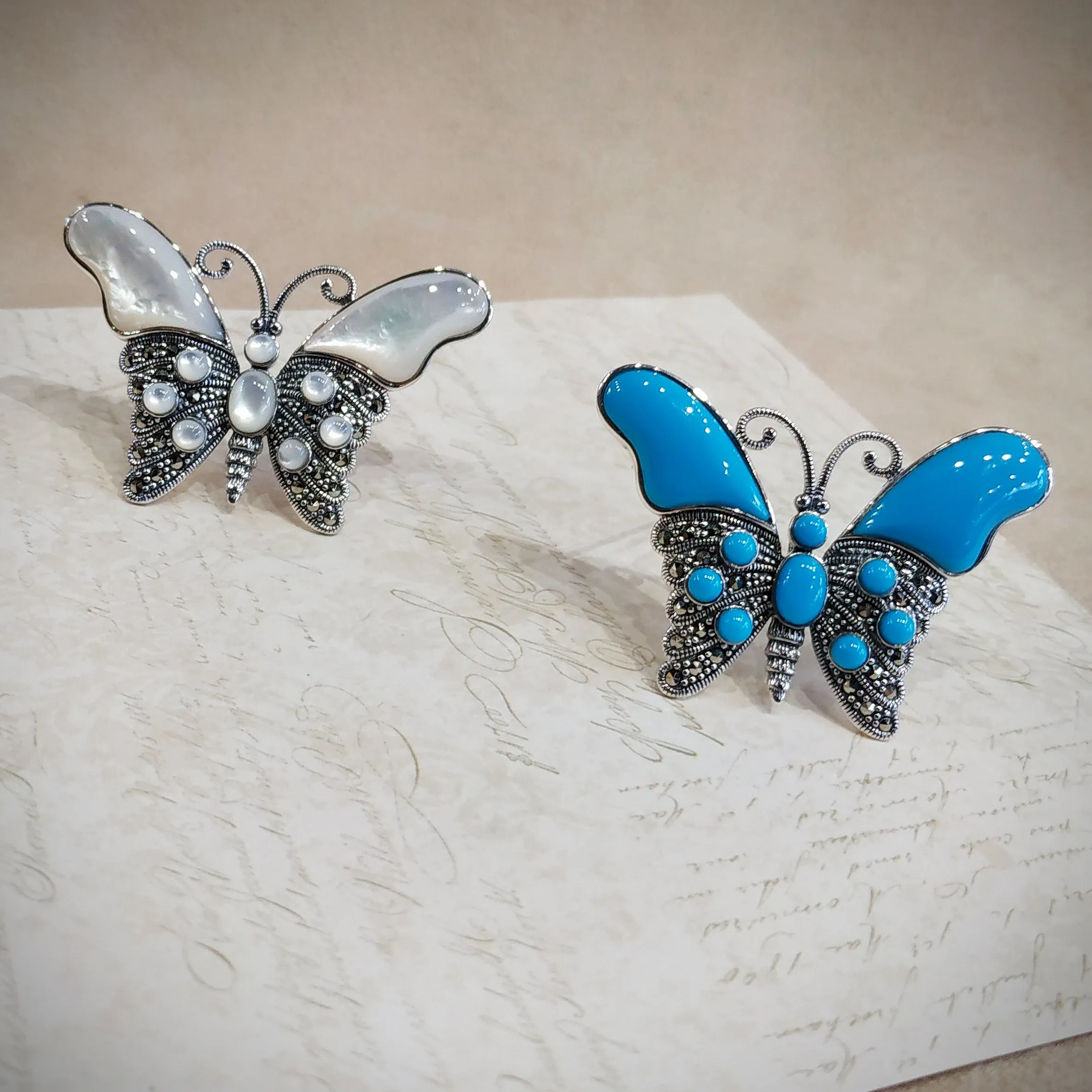 Butterfly Brooch in mother of pearl Silver Marcasite Pendant