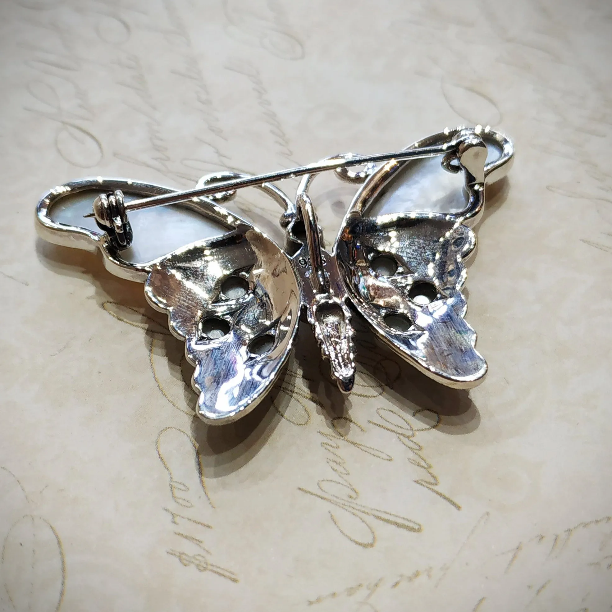 Butterfly Brooch in mother of pearl Silver Marcasite Pendant