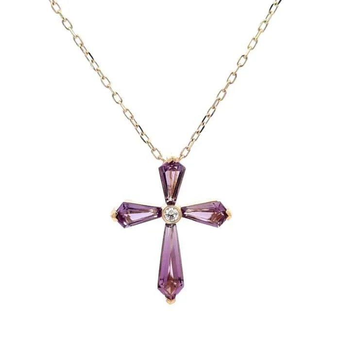 Charles Krypell Amethyst and Diamond Cross Pendant Necklace in 18K Yellow Gold