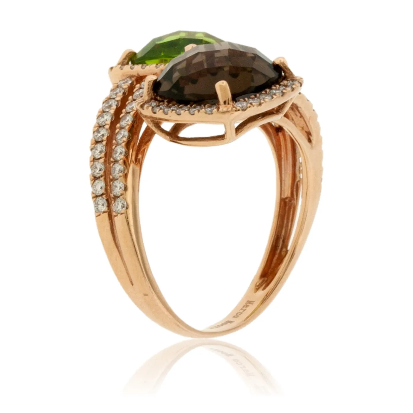 Checkerboard Cut Peridot, Smoky Quartz and Diamond Halo Rose Gold Ring