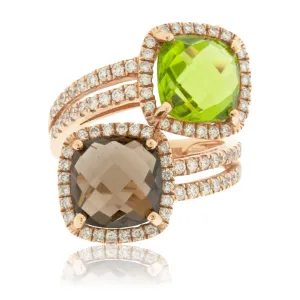 Checkerboard Cut Peridot, Smoky Quartz and Diamond Halo Rose Gold Ring