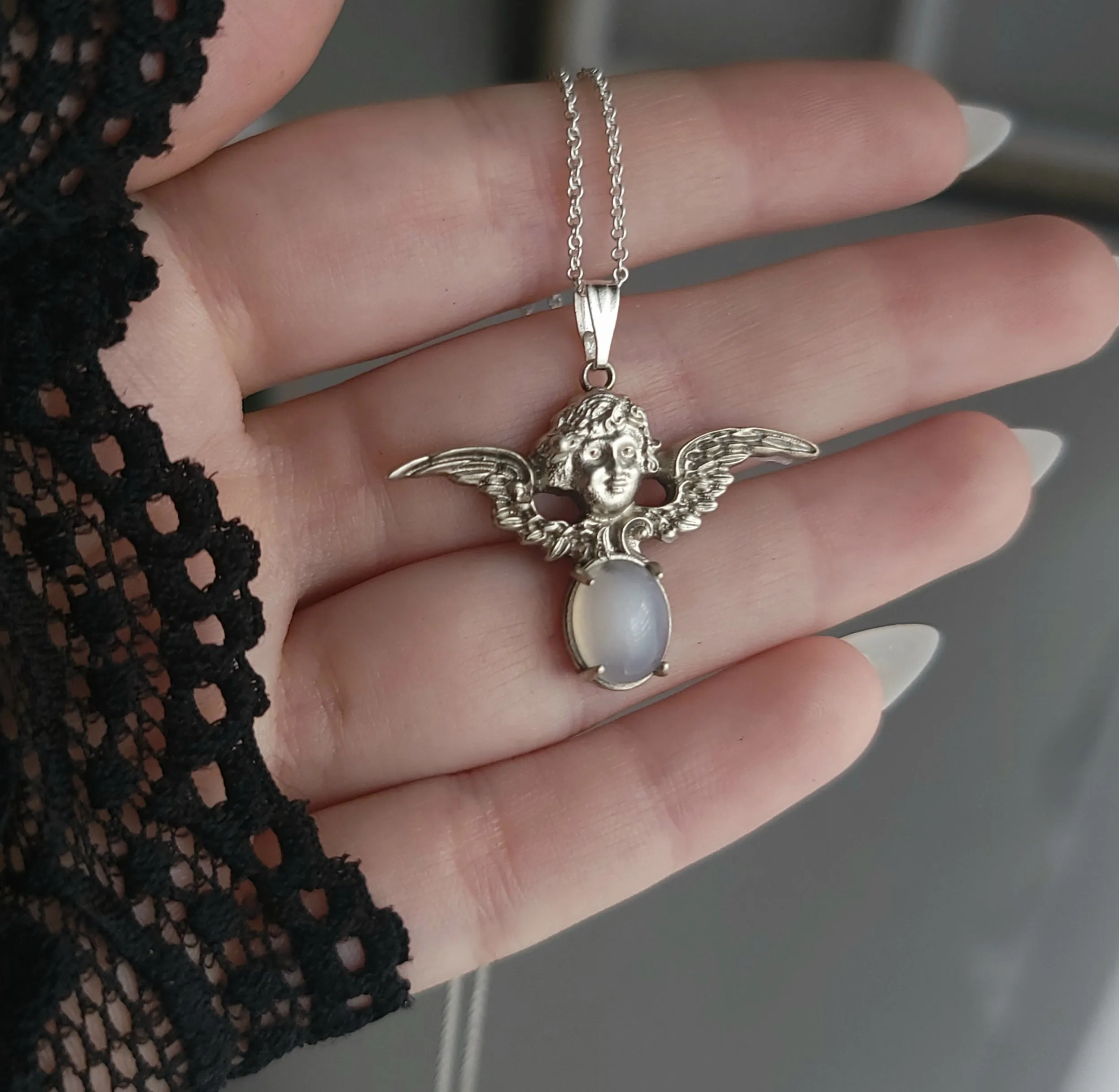 Cherubim - Sterling Silver Angel Necklace with White Moonstone