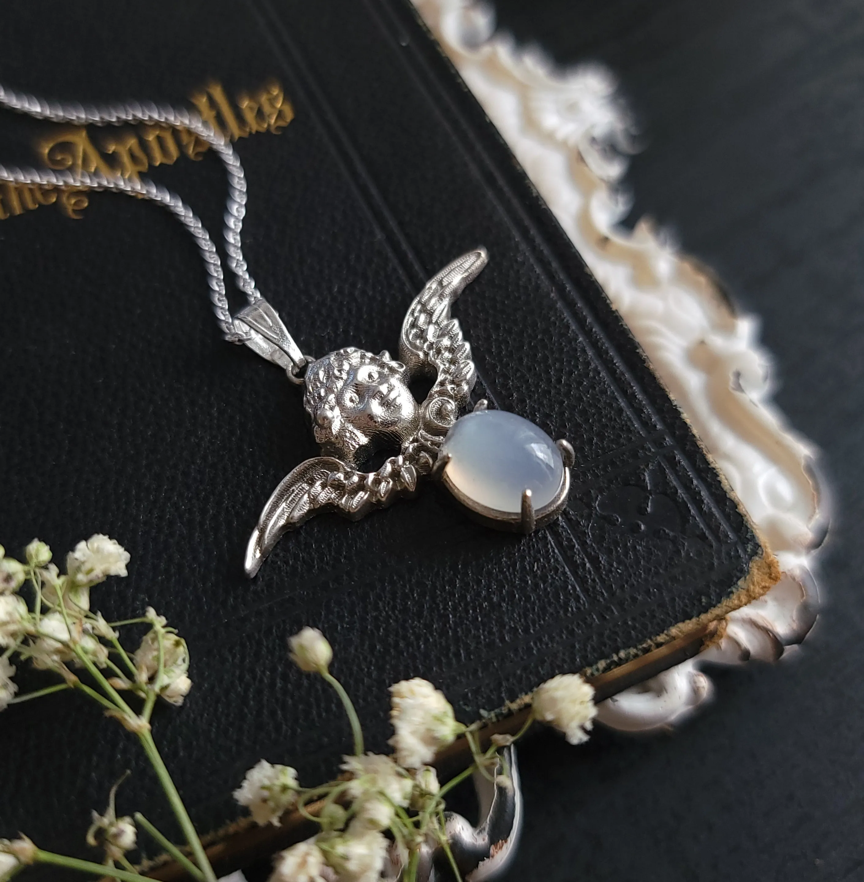 Cherubim - Sterling Silver Angel Necklace with White Moonstone